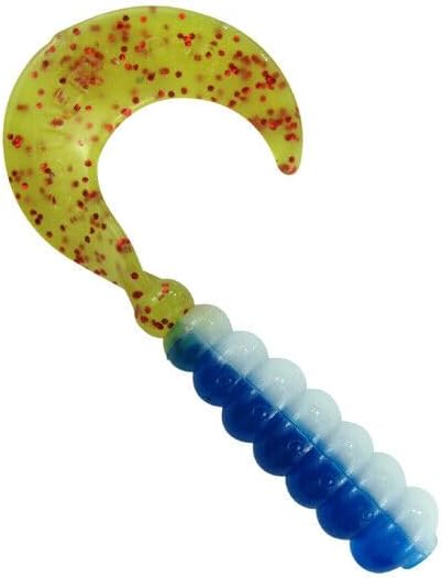 2" Hot Grubs Twister Tails Crappie Walleye Bass Fishing 50 Pack (Blue White Chartreuse Red Sparkle) #54