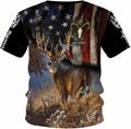 Deer Hunting US Flag Comfy T-Shirt Summer Outdoors Buck (Dark - 2XL, US, Alpha, XX-Large, Regular, Regular)