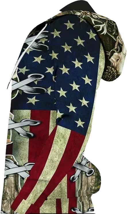 Retro Deer & Flag Hoodie, Cool Hoodies For Men, Men's Casual Graphic Design Pullover Hooded Sweatshirt WIth Pocket Multi