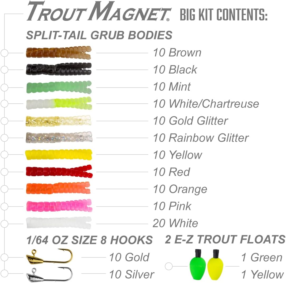 Trout Magnet Original 142-Piece Trout Fishing Gear Kit - 120pc Grub Lures with Neon Bait, 20 Hooks, 2 Floats - High Grade Trout Magnet Kit for Freshwater and Saltwater Fishing