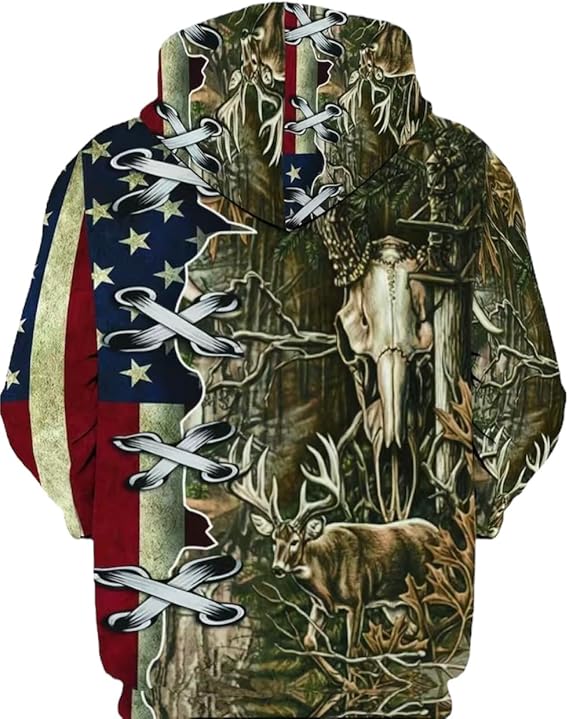 Retro Deer & Flag Hoodie, Cool Hoodies For Men, Men's Casual Graphic Design Pullover Hooded Sweatshirt WIth Pocket Multi