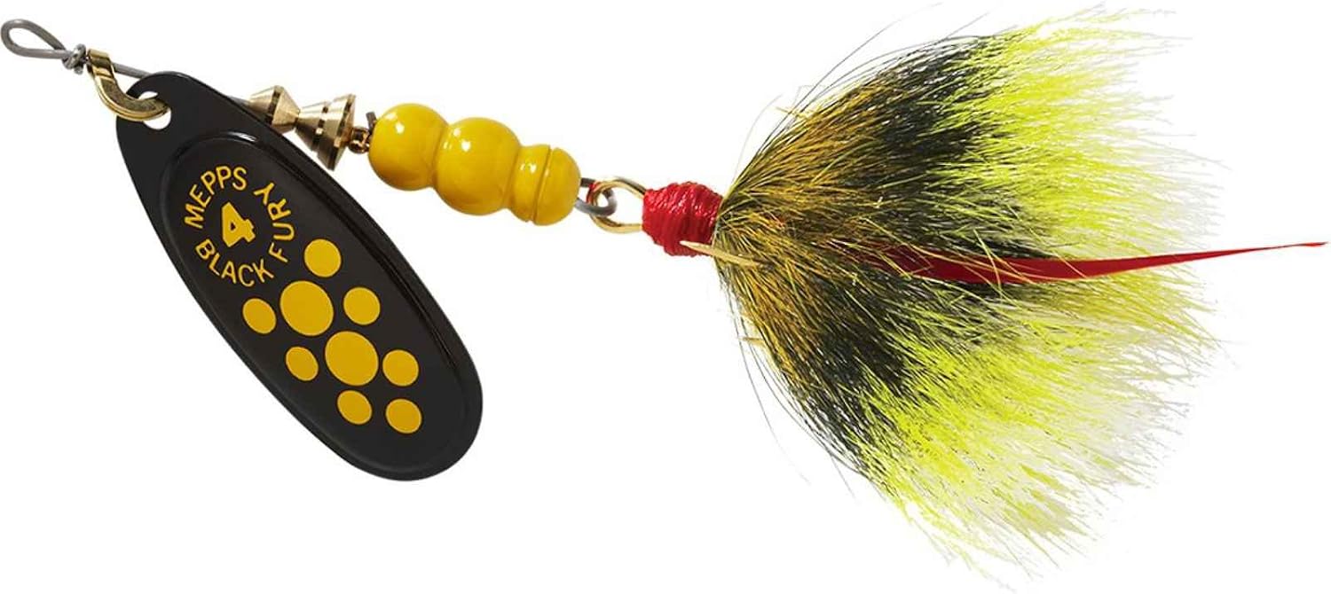 Mepp's Black Fury Dressed Treble Fishing Lure, 1/3-Ounce, Yellow Dot/Black Yellow Tail