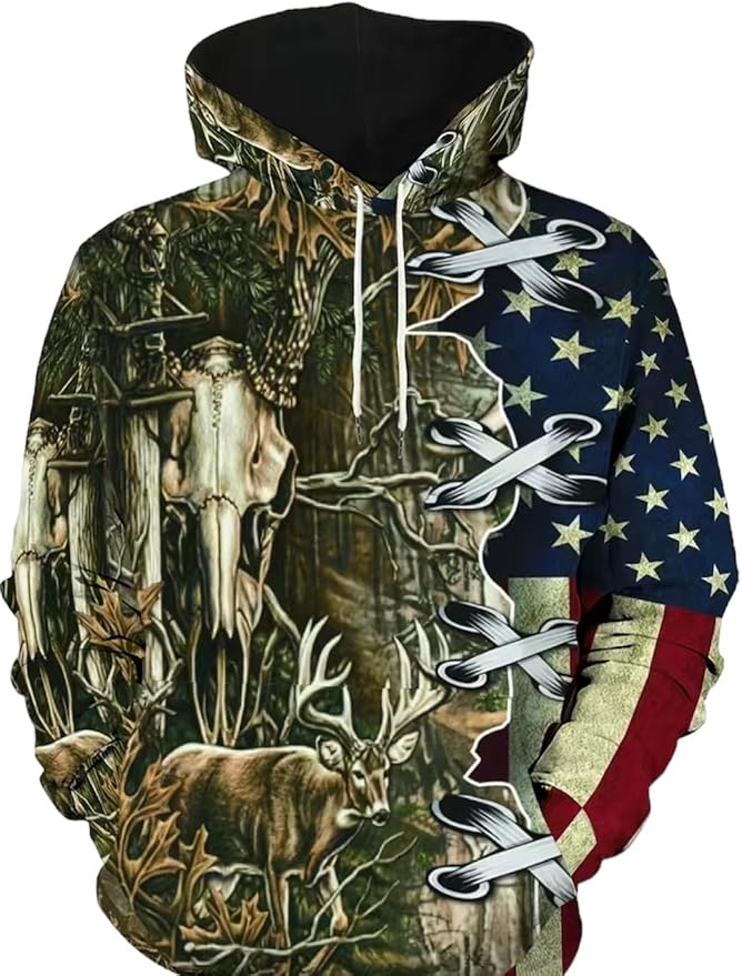 Retro Deer & Flag Hoodie, Cool Hoodies For Men, Men's Casual Graphic Design Pullover Hooded Sweatshirt WIth Pocket Multi