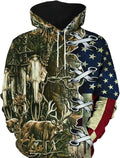 Retro Deer & Flag Hoodie, Cool Hoodies For Men, Men's Casual Graphic Design Pullover Hooded Sweatshirt WIth Pocket Multi