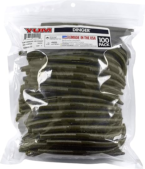 Yum Lures Dinger Classic Worm All-Purpose Soft Plastic Bass Fishing Lure 100 Pack, Green Pumpkin Flake, 5 Inch